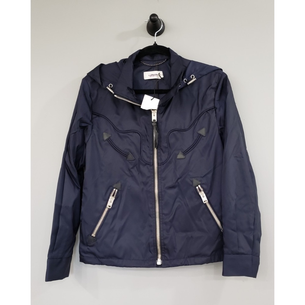 NEW Coach 1941 Navy Metallic Western Leather Trim Hooded Jacket Size 2 Bomber